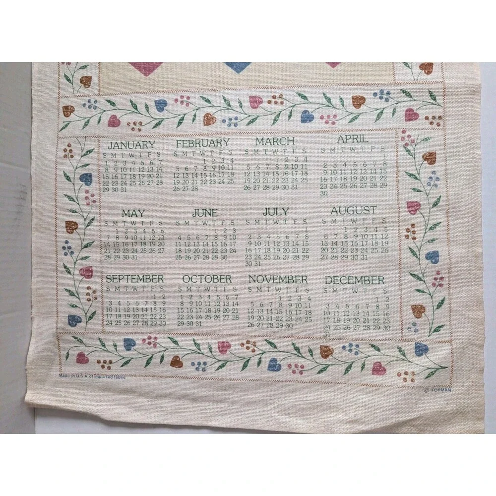Vintage 1989 Calendar Tea Towel When Friends Gather Hearts Warm Cottagecore Cute